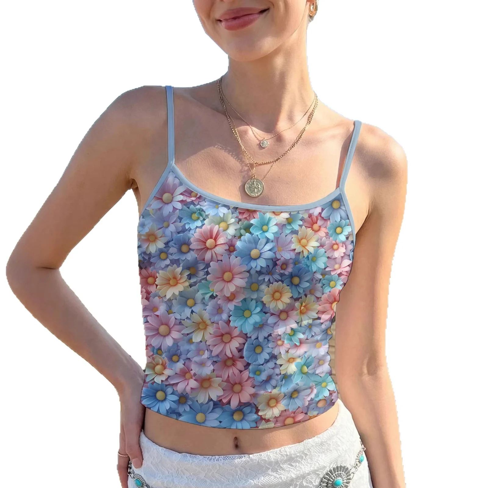 Damen Spaghetti-Trägershirt mit buntem Steindruck und elastischem Stoff R&B - Image 4