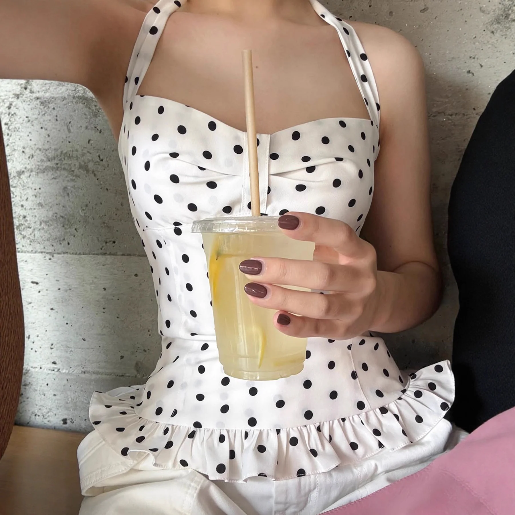 Damen Spaghettiträgershirt mit punktemuster und verspieltem Knoten R&B