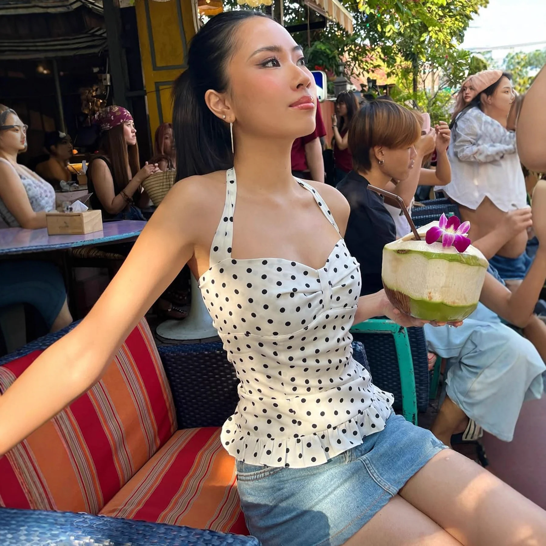 Damen Spaghettiträgershirt mit punktemuster und verspieltem Knoten R&B - Image 3