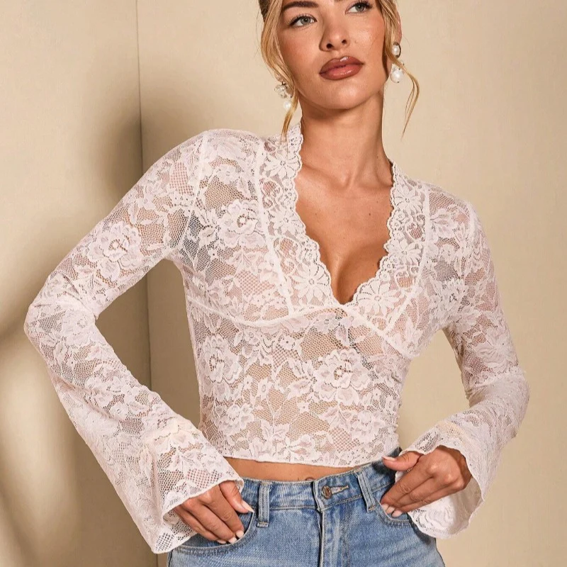 Damen Spitze Bluse mit eleganten Trompetenärmeln und V-Ausschnitt R&B - Image 4