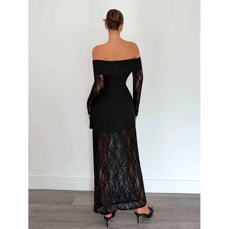 Damen Spitzen Abendkleid mit schulterfreiem Design und langen Ärmeln R&B - Image 2
