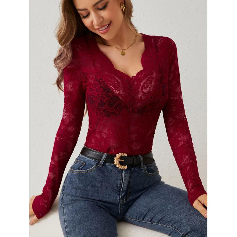 Damen Spitzen-Bodysuit mit tiefem V-Ausschnitt und transparenten Ärmeln R&B - Image 13