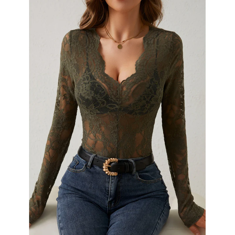 Damen Spitzen-Bodysuit mit tiefem V-Ausschnitt und transparenten Ärmeln R&B - Image 6