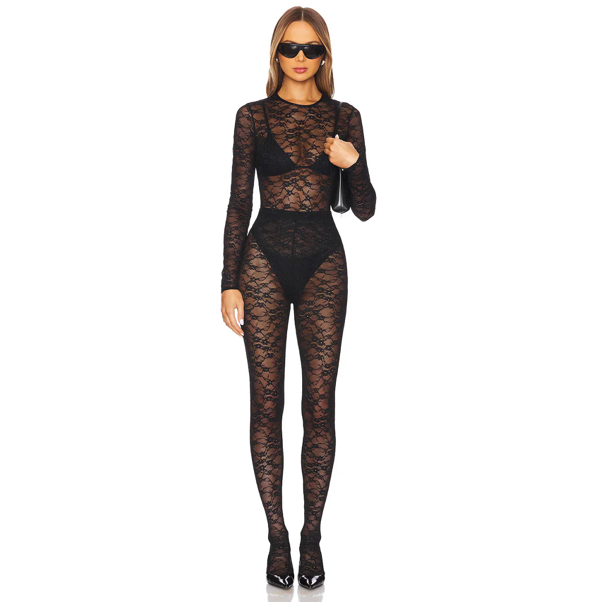 Damen Spitzen-Bodysuit mit transparenten Einsätzen und langen Ärmeln R&B