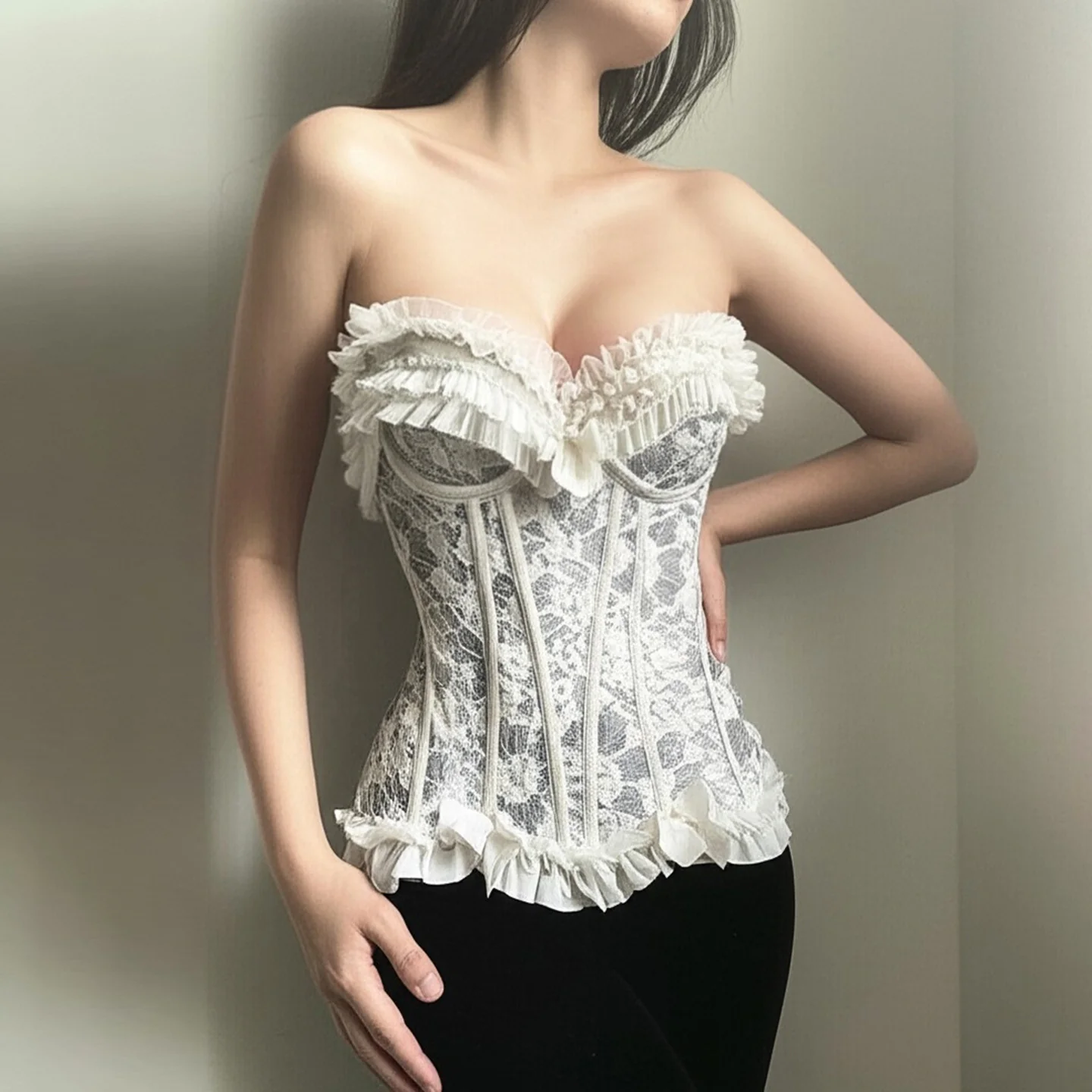 Damen Spitzen-Bustier mit Rüschendetails und Schleifen Heidi-Mode - Image 3