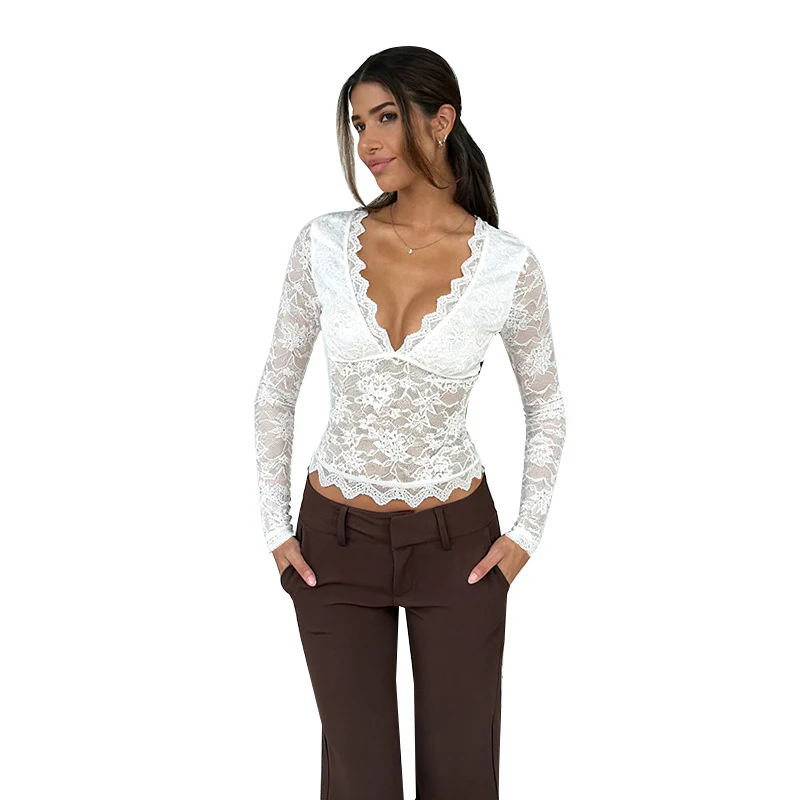 Damen Spitze Langarmshirt mit V-Ausschnitt und Rüschen R&B - Image 5