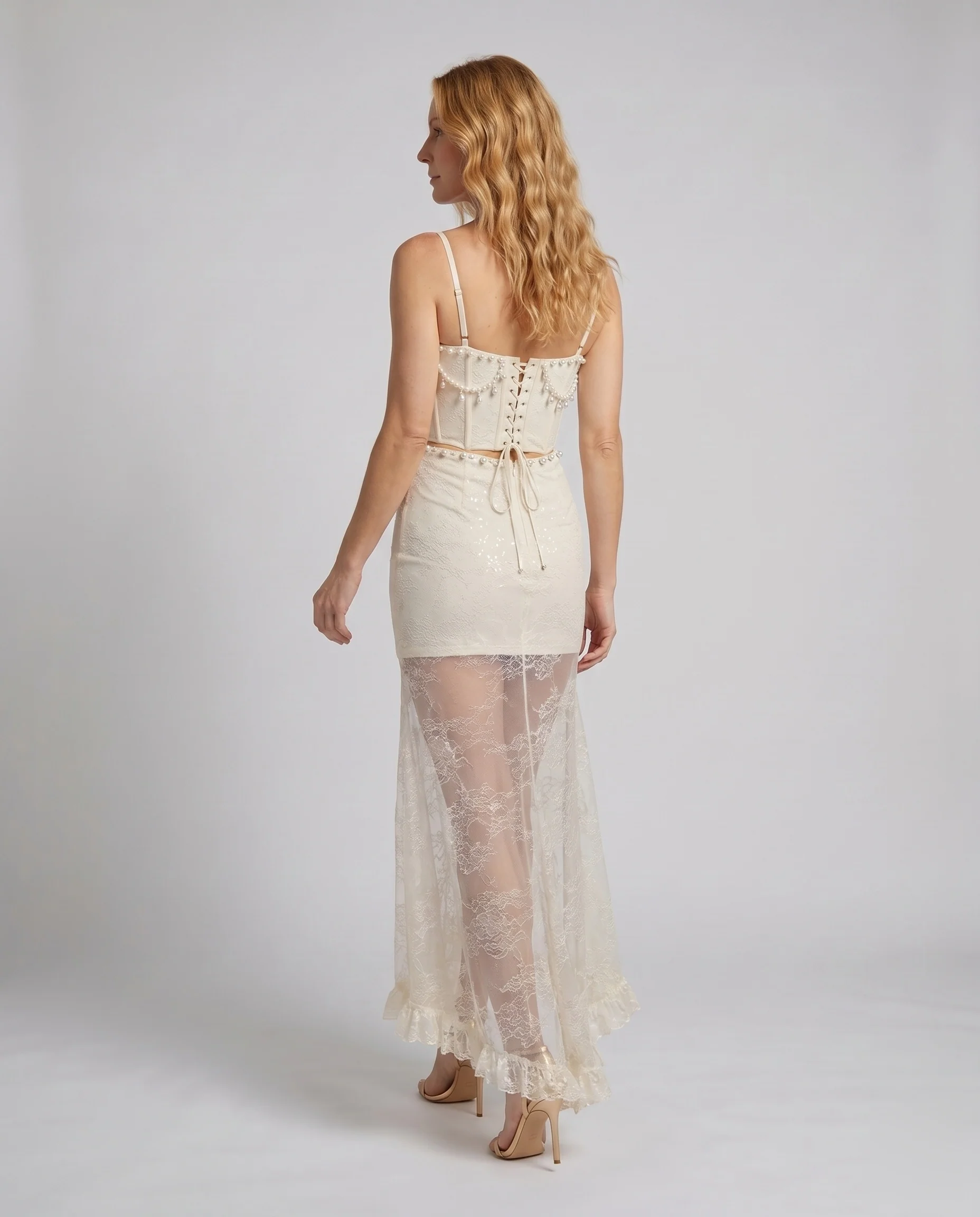 Damen Spitzen-Maxikleid mit elegantem Corsagenoberteil und durchscheinendem Rock R&B - Image 4
