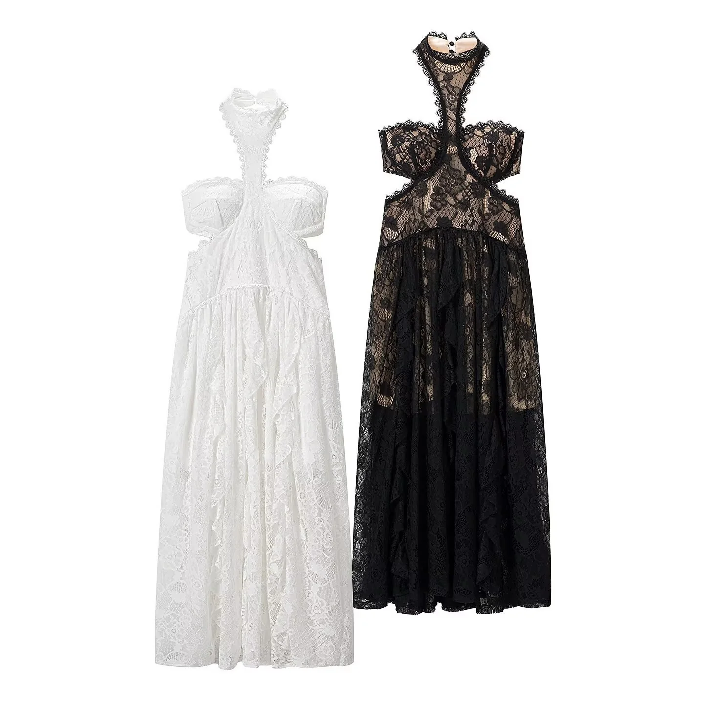 Damen Spitzenmaxikleid mit raffinierten Rüschendetails und elegantem Halterneck R&B - Image 5