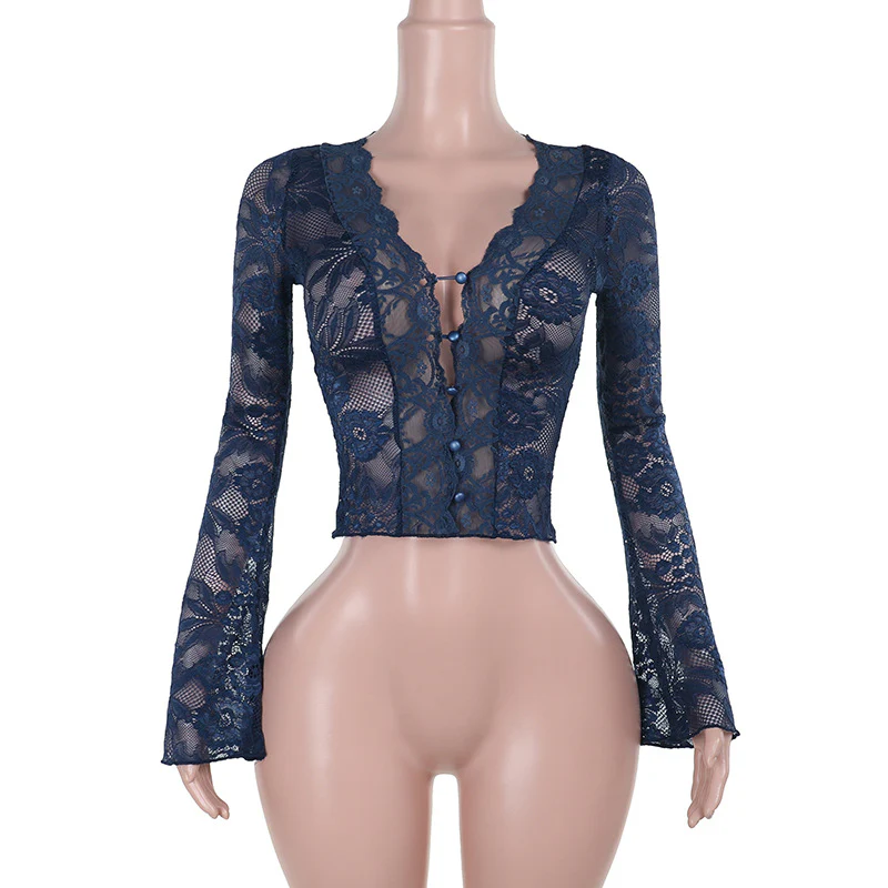 Damen Spitzenbluse mit tiefem V-Ausschnitt und langen Ärmeln R&B - Image 6