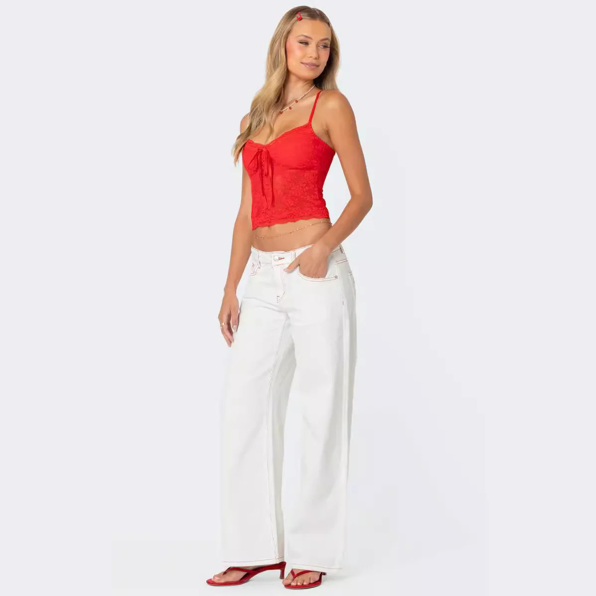 Damen Spitzencrop-Top mit Schleifen-Detail und verstellbaren Trägern R&B