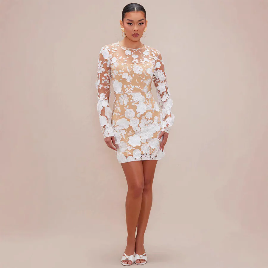 Damen Spitzenkleid mit floralen Applikationen und langen Ärmeln R&B