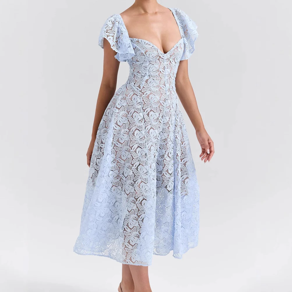 Damen Spitzenkleid mit voluminösen Rüschärmeln und ausgestelltem Rock R&B