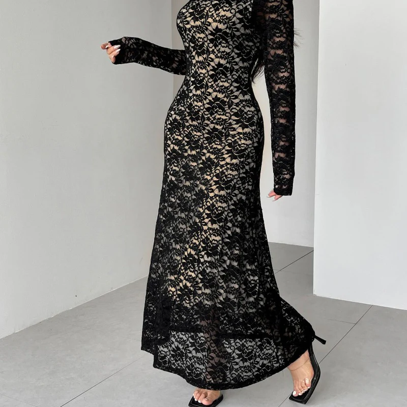 Damen Spitzenlangarmkleid mit schulterfreiem Design und eleganter Transparenz R&B - Image 4