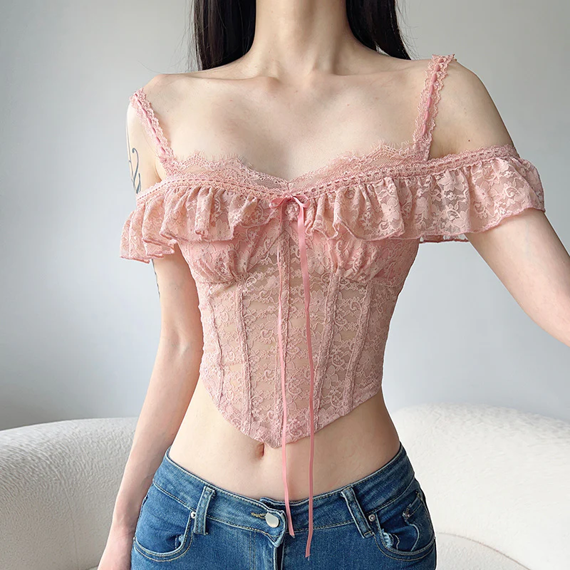 Damen Spitzenoberteil mit Rüschendetails und verstellbaren Trägern Heidi-Mode