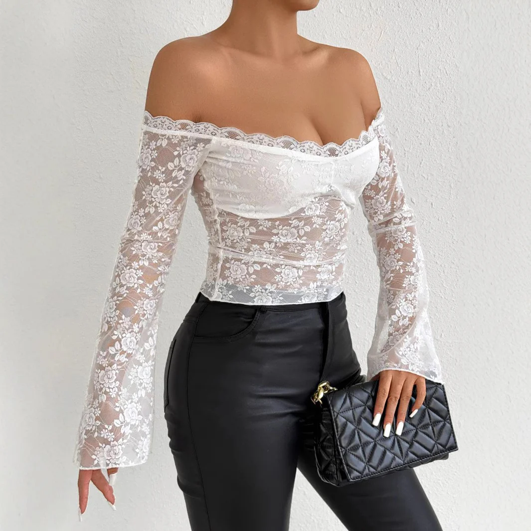 Damen Spitzenoberteil mit schulterfreiem Design und eleganten Trompetenärmeln R&B - Image 2
