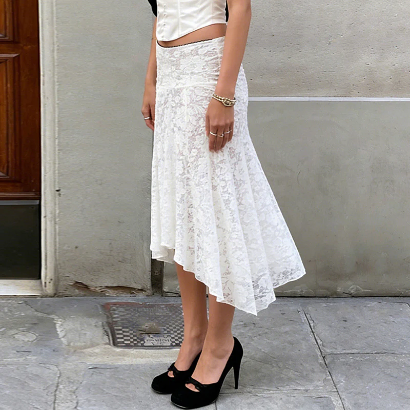 Damen Spitzenrock mit asymmetrischem Schnitt und floralen Details R&B - Image 4