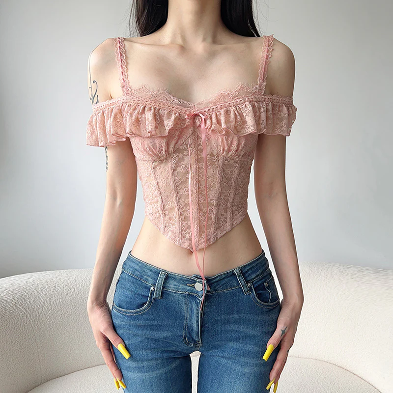 Damen Spitzentop mit romantischem Rüschensaum und zarter Schnürung R&B - Image 2
