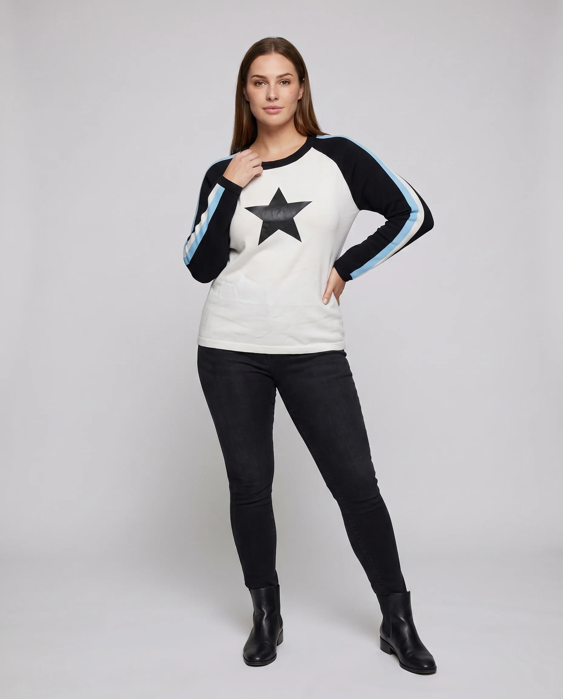 Damen sportlicher Sweatshirt mit dekorativem Sternenmuster und kontrastierenden Ärmelstreifen