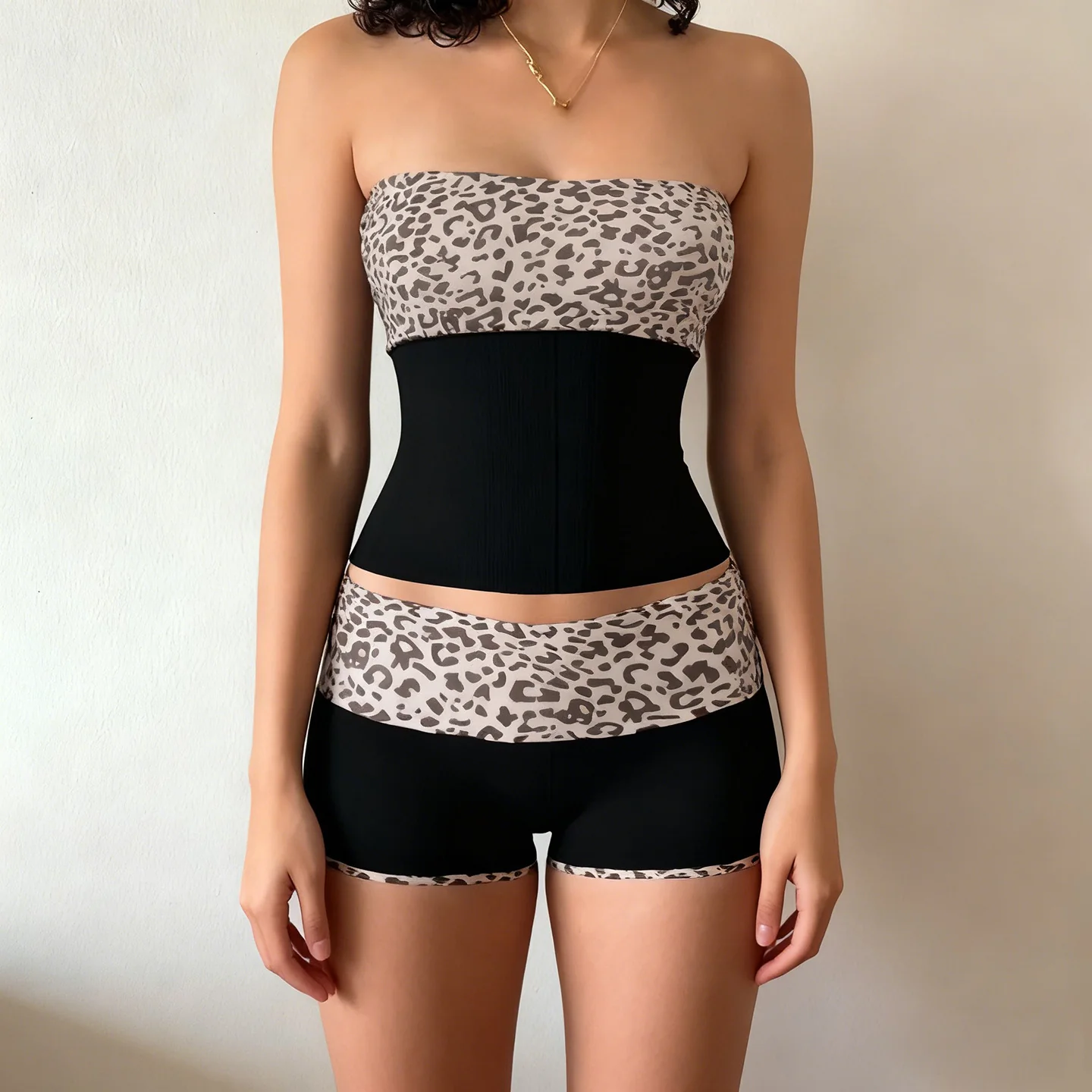 Damen Sportliches Crop-Top und Shorts-Set im modernen Leopardenmuster R&B