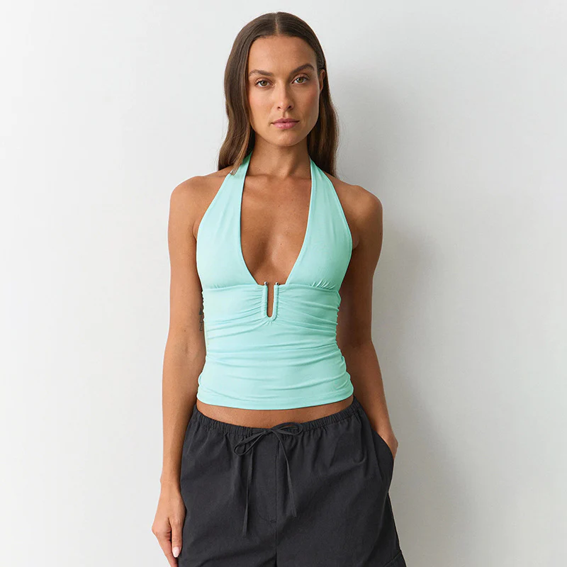 Damen Sportliches Haltertop mit rüschenförmiger Drapierung und tiefem V-Ausschnitt R&B - Image 6