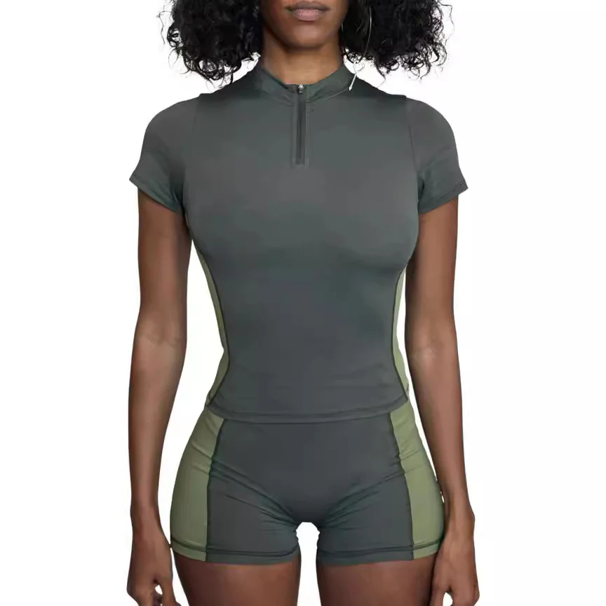 Damen Sportliches Kurzarm-Set mit Reißverschluss und modischem Design R&B
