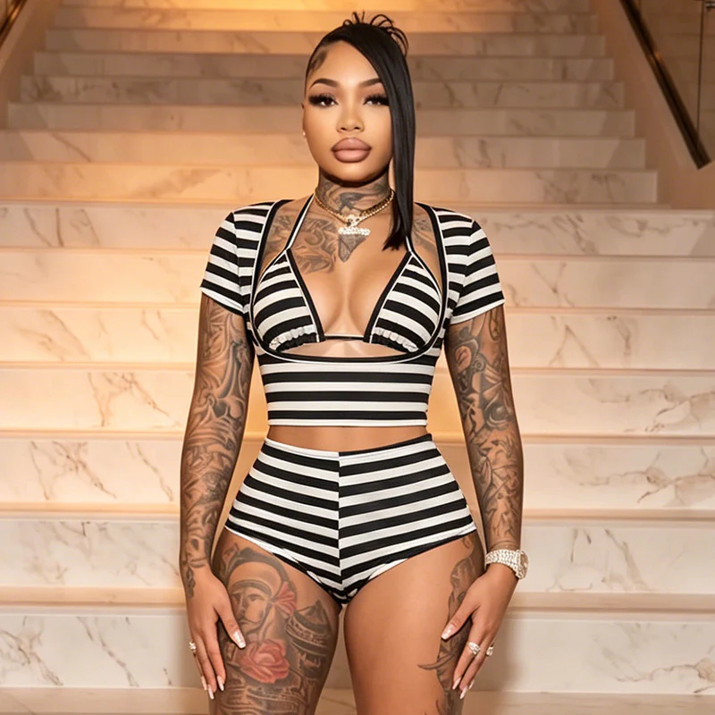 Damen Sportliches Zweiteiliges Set mit Hoch geschnittenem Oberteil und Shorts R&B - Image 4
