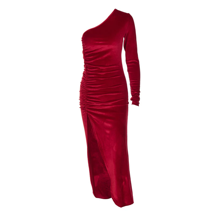 Damen stilvolles Ein-Schulter-Kleid mit Raffungen und Schlitz R&B - Image 5