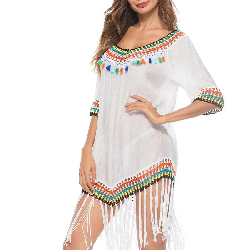 Damen Strandüberwurfkleid mit fransigem Saum und buntem Häkelmuster R&B - Image 3