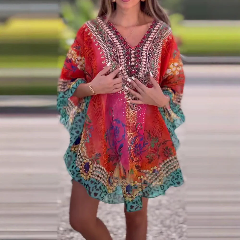 Damen Strandkleid Im Farbenfrohen Boho-Stil mit Verspieltem Design und Tiefem V-Ausschnitt R&B - Image 3