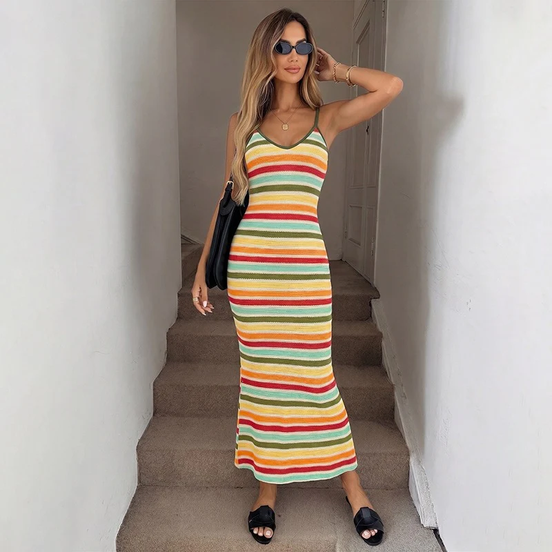 Damen Strick-Kleid im lässigen Streifenmuster mit schmalen Spaghetti-Trägern R&B - Image 3