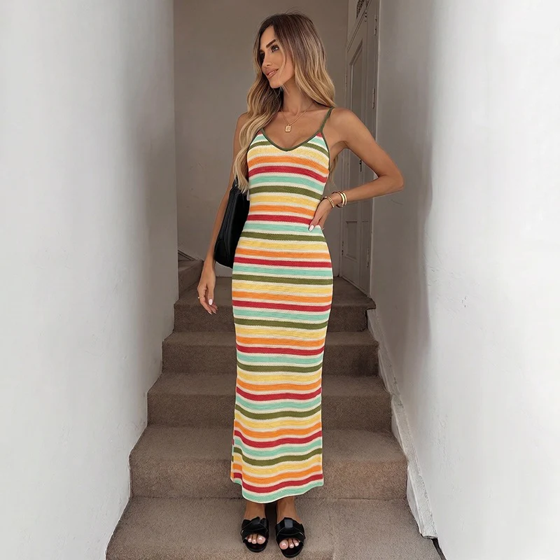 Damen Strick-Kleid im lässigen Streifenmuster mit schmalen Spaghetti-Trägern R&B - Image 4