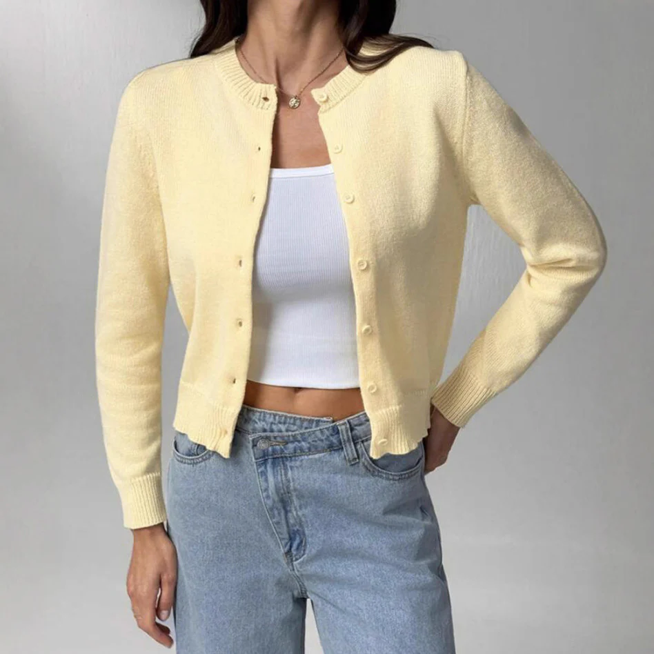 Damen Strickjacke mit Knopfdetail und elastischem Saum R&B