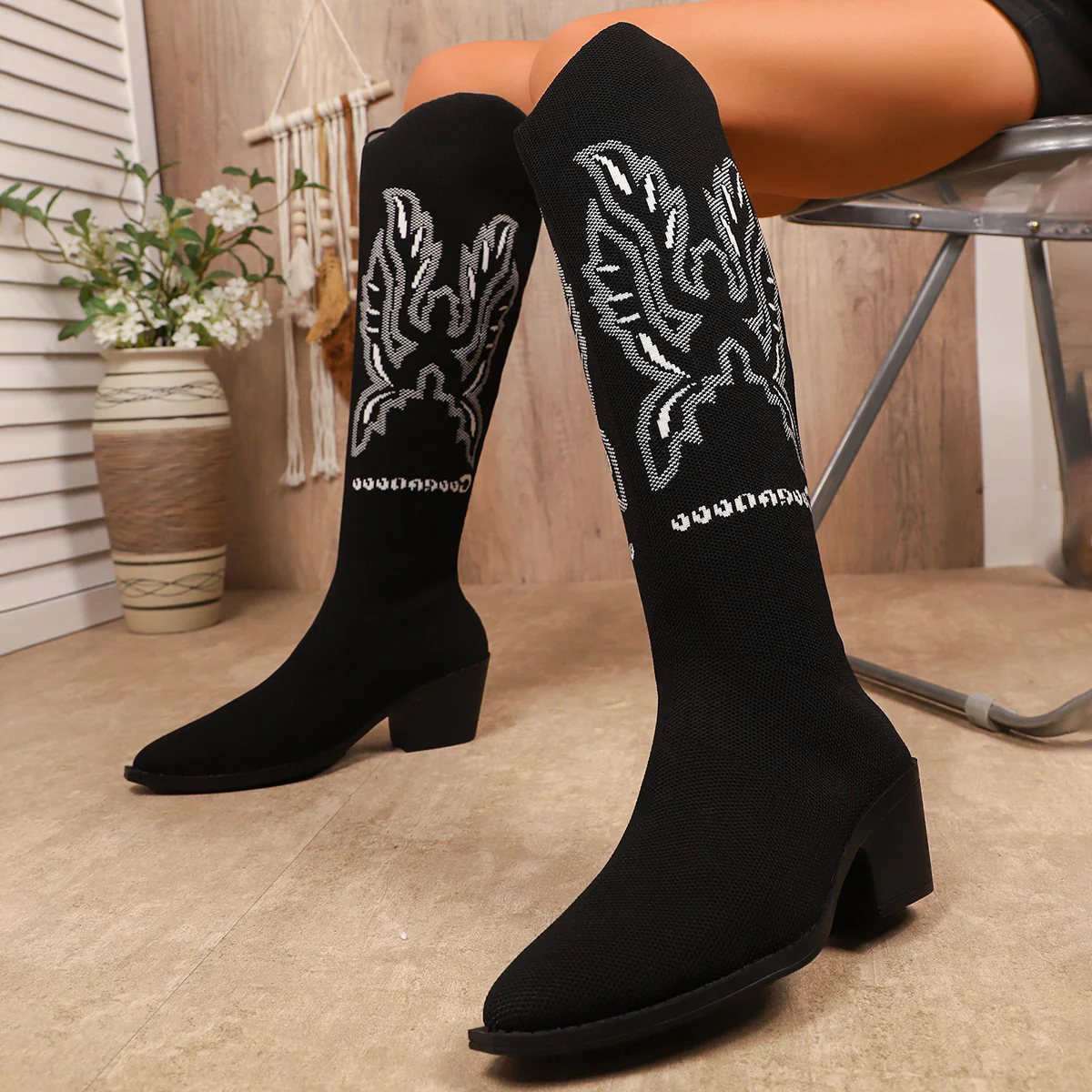 Damen Strumpfstiefel mit kreativem Verzierungsdesign und elegantem Blockabsatz R&B