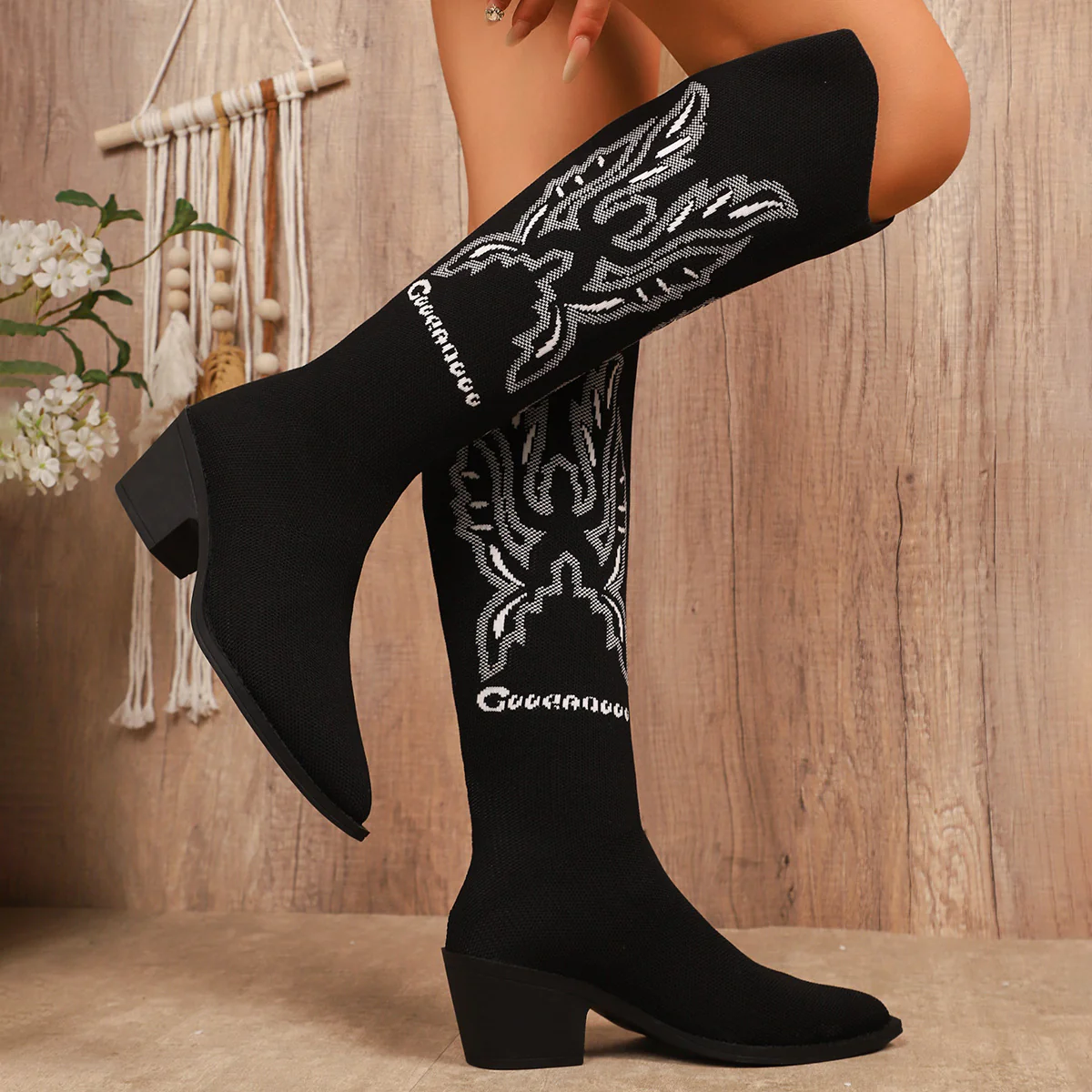 Damen Strumpfstiefel mit kreativem Verzierungsdesign und elegantem Blockabsatz R&B - Image 4