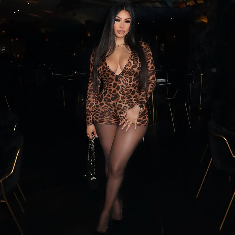 Damen stylischer Leopardenmuster Bodysuit mit V-Ausschnitt und langen Ärmeln R&B - Image 3