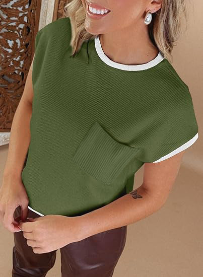 Damen stylisches Kurzarmshirt mit Brusttasche und kontrastierenden Details R&B - Image 6