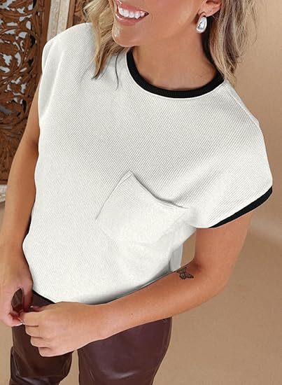Damen stylisches Kurzarmshirt mit Brusttasche und kontrastierenden Details R&B - Image 8