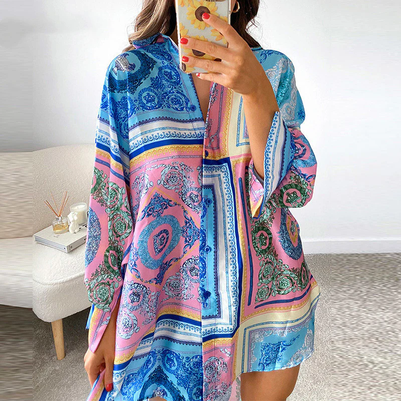 Damen stylisches Oversized-Hemdkleid mit buntem Muster und weit geschnittenen Ärmeln R&B - Image 2
