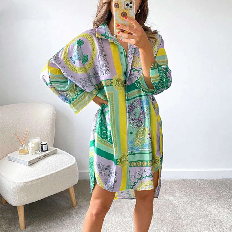 Damen stylisches Oversized-Hemdkleid mit buntem Muster und weit geschnittenen Ärmeln R&B - Image 4
