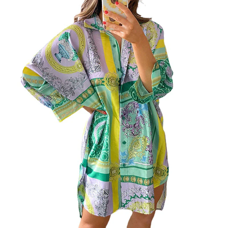 Damen stylisches Oversized-Hemdkleid mit buntem Muster und weit geschnittenen Ärmeln R&B - Image 5