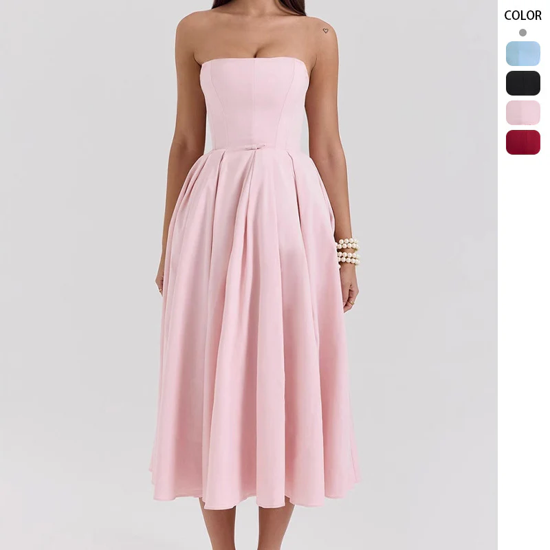 Damen Taillesenkende Midi-Kleid mit schulterfreiem Design und eleganter Faltenstruktur R&B