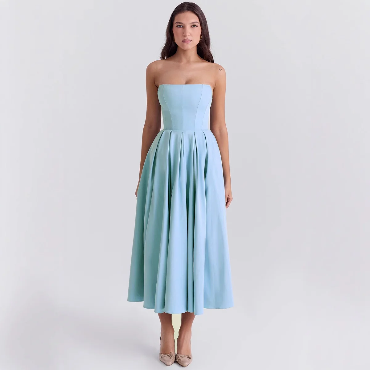 Damen Taillesenkende Midi-Kleid mit schulterfreiem Design und eleganter Faltenstruktur R&B - Image 2