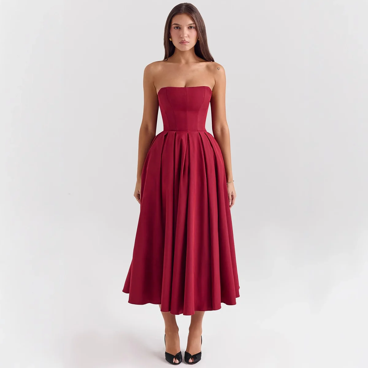 Damen Taillesenkende Midi-Kleid mit schulterfreiem Design und eleganter Faltenstruktur R&B - Image 4