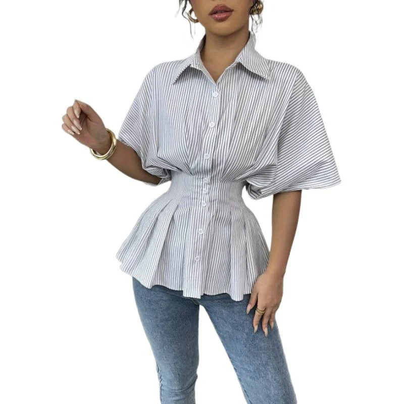 Damen taillierte Bluse mit Puffärmeln und Streifenmuster R&B - Image 4
