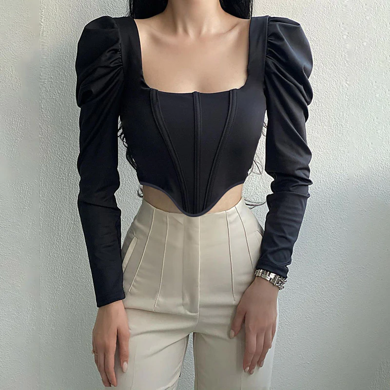 Damen tailliertes Oberteil mit eleganten Puffärmeln und quadratischem Ausschnitt R&B - Image 3
