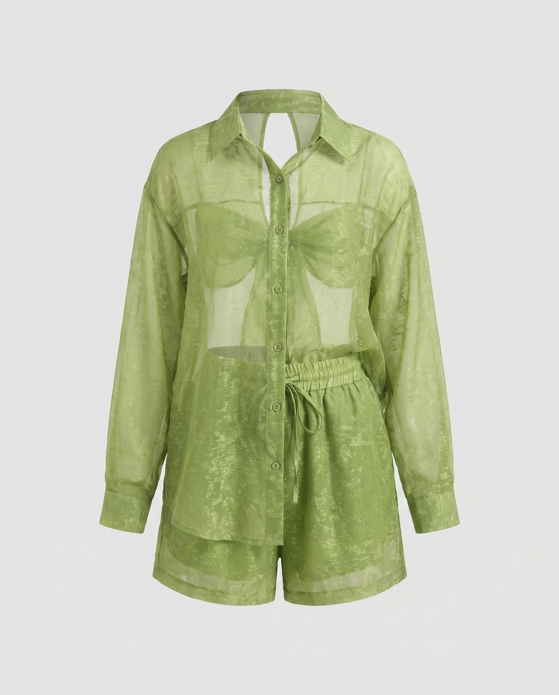 Damen Transparente Bluse mit passendem Shorts-Set und Rüschendetails R&B - Image 4