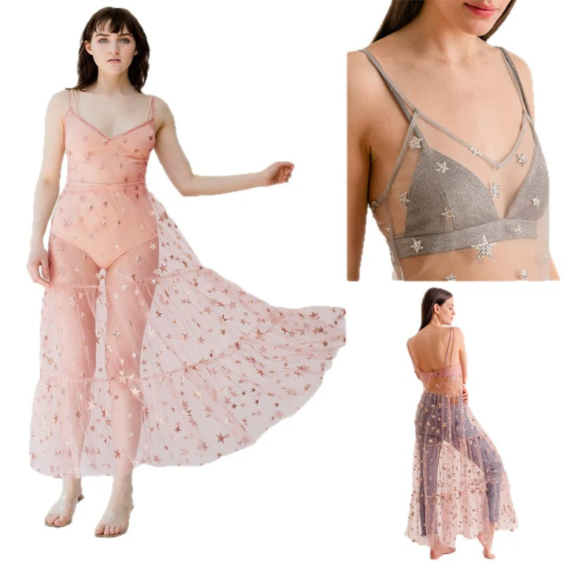 Damen Transparente Maxikleid aus Chiffon mit Sternen-Design und mehrlagigem Saum R&B - Image 5