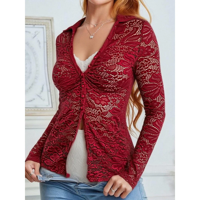 Damen Transparente Spitzenbluse mit knöpfbarem Ausschnitt und langem Arm R&B - Image 5