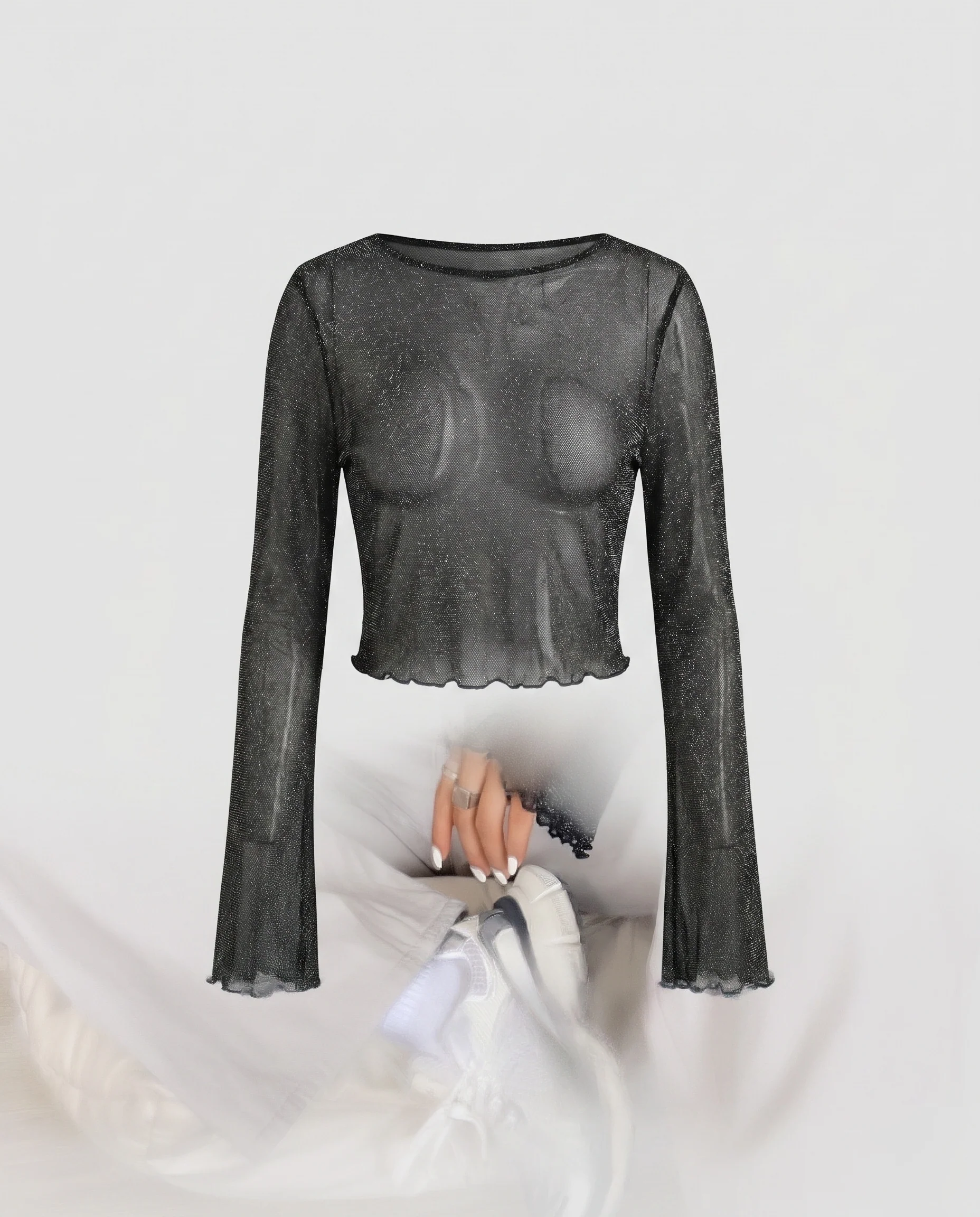Damen transparentes Glitzeroberteil mit lockeren Ärmeln - Image 5