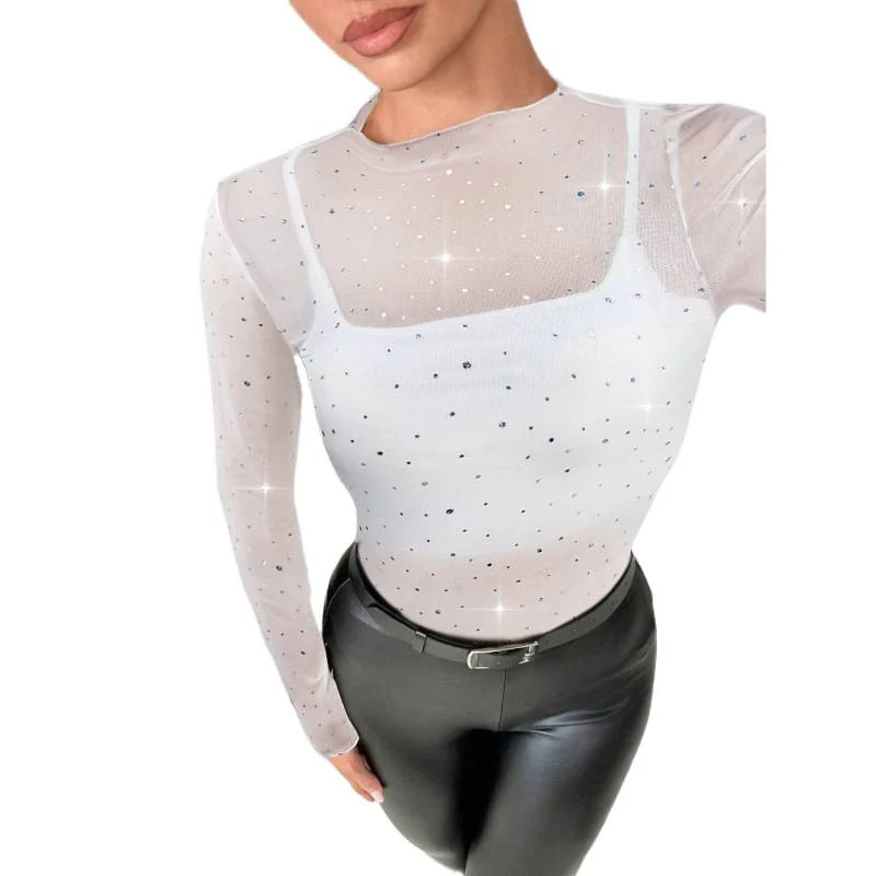 Damen transparentes Langarmshirt mit funkelnden Strassdetails R&B - Image 5
